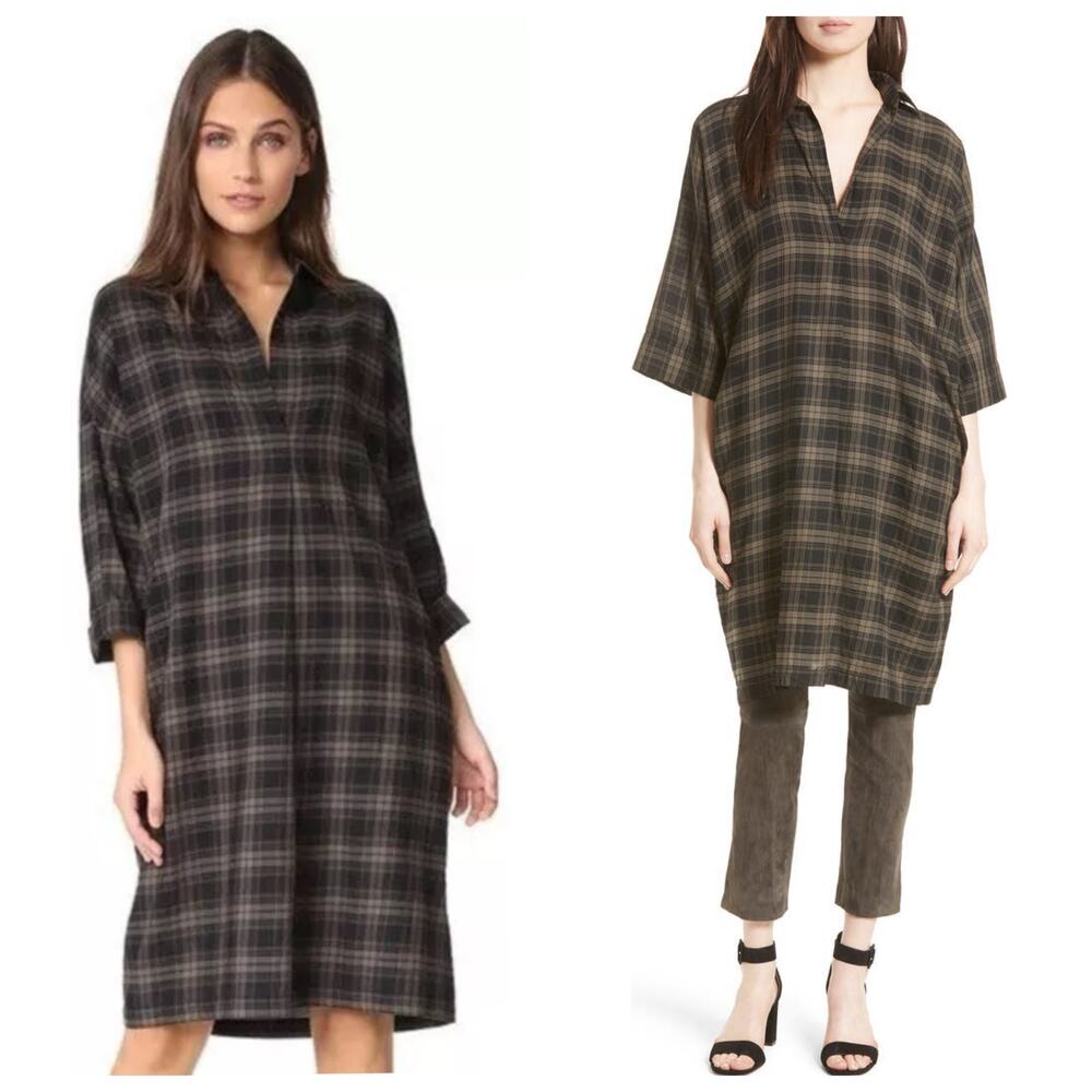 Vince Plaid Easy Pullover Cotton Cocoon Shirt Dress Small Green Lagenlook